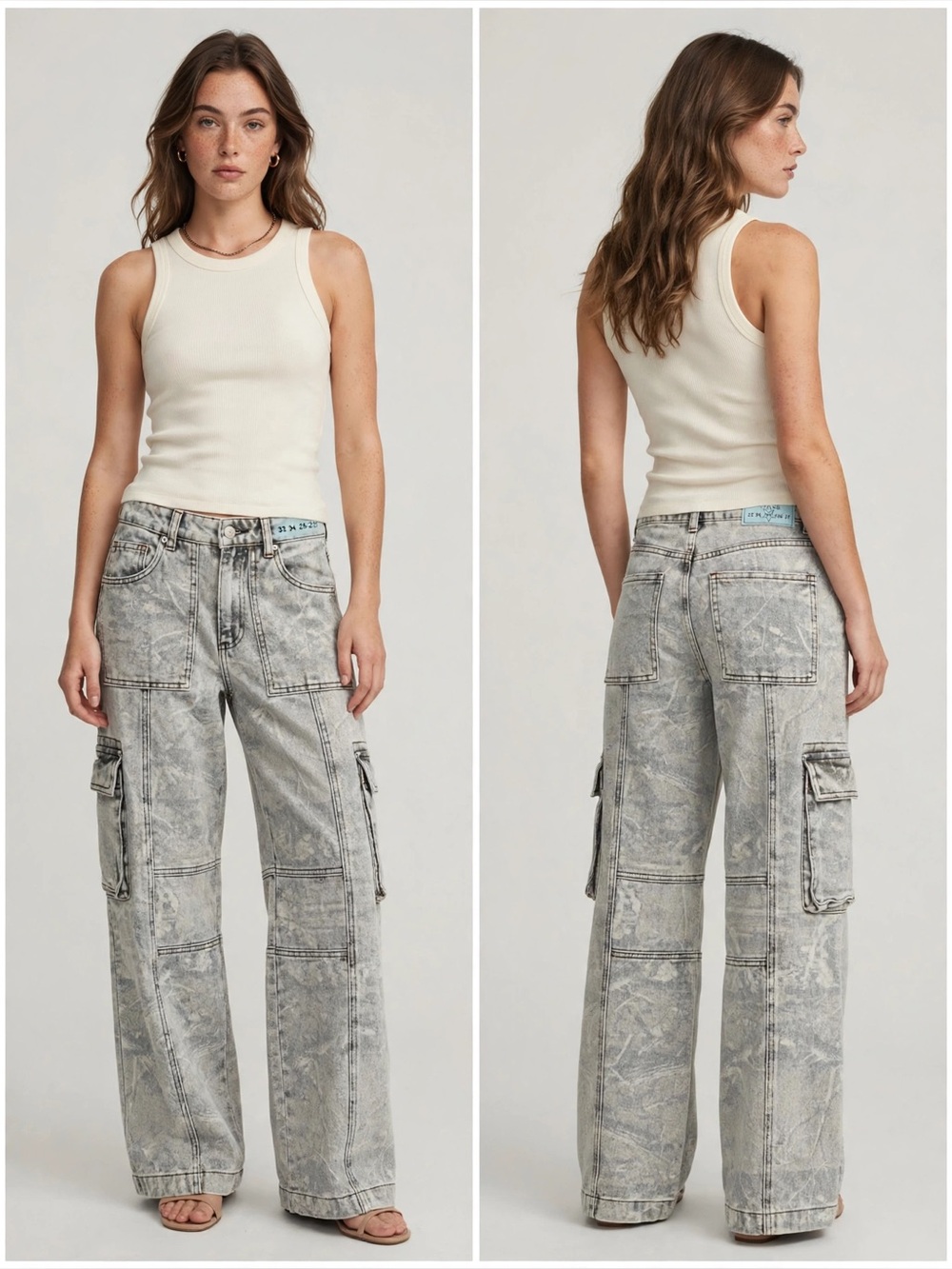 REVICE Acid-Wash Gray Cargo Pants